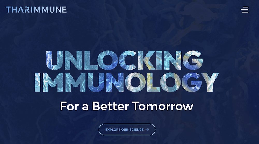 Cutting-edge dark/light biotech website design homepage for Tharimmune.