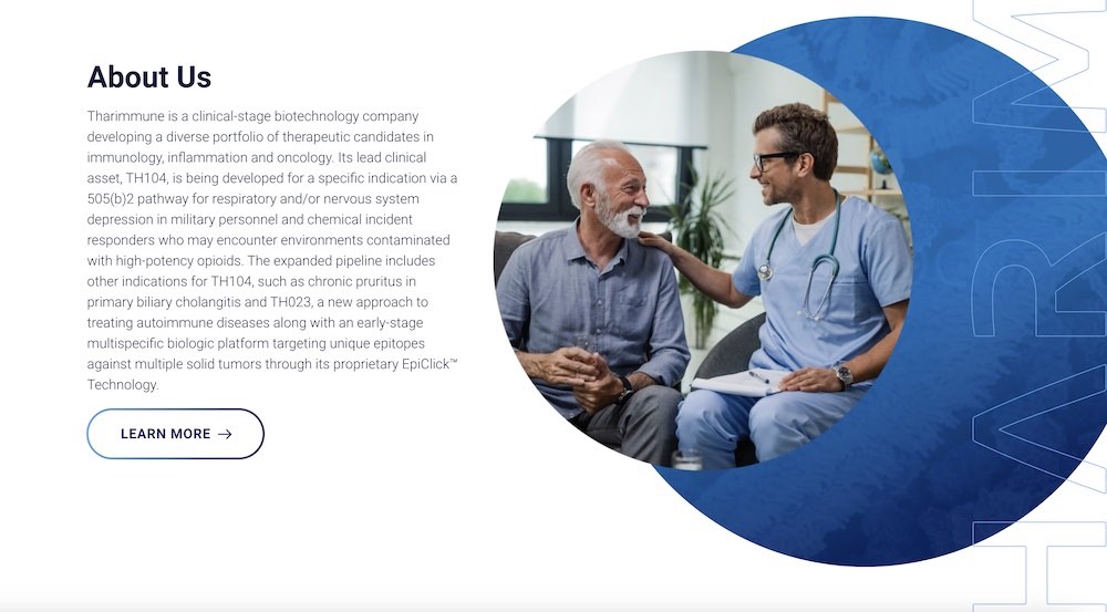 Cutting-edge dark/light biotech website design about us section for Tharimmune.