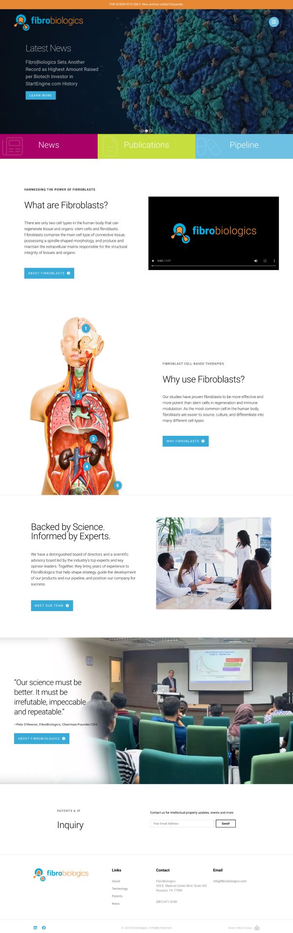 FibroBiologics - Pre-Clinical Stage Biopharma Website Design Scroll example
